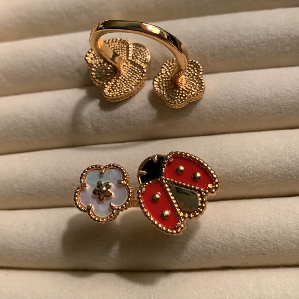 18 K gold Ring of mother of pearl butterfly $ flower adjustable Ring - Picture 13 of 15